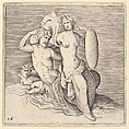 Woman with Shield Seated on Seamonster, from "Ex Antiquis Cameorum et Gemmae Delineata/ Liber Secundus/et ab Enea Vico Parmen Incis", Anonymous, Italian, 16th century  Italian, Engraving; third state