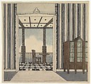 Design for a Room with a Balcony, Guido Heigl  German, Brush and black ink, blue and green crayon and gray and brown gouache over graphite