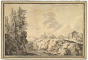 View of Svenarum in the Province of Småland, Sweden, Jacob Philipp Hackert  German, Brush and gray and brown wash, over faint indications in black chalk; framing lines in pen and black ink
