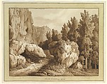 A Rocky Landscape at Civita Castellana, Jacob Philipp Hackert (German, Prenzlau 1737–1807 San Pietro di Careggi), Brush and brown wash over graphite; framing lines in pen and brown ink