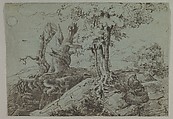 Rugged Moonlit Landscape with a Woman Seated by Gnarled Tree Roots, and an Owl, Ludwig Emil Grimm German, Pen and brush and brown ink over black chalk with faint traces of white chalk, on blue paper