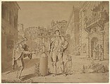 Nobleman Giving Alms to Beggar in Piazza near the Coliseum, Conrad Martin Metz German, Pen and brown ink, brush and brown wash, heightened with white (that has oxidized)