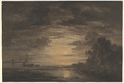 The River Elbe Downstream of Hamburg by Moonlight, Christian Ernst Morgenstern  German, Black chalk, brush and gray ink, heightened with white, orange and yellow gouache