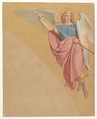 Decoration of an Arch: Archangel with a Sword, Eduard Jakob von Steinle  Austrian, Watercolor over black chalk, gold paint; framing line in black chalk with reddish-orange watercolor along the top and right edges; two arched lines impressed in paper, lower left