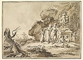 Landscape with Children in Oriental Costume, Tiberius Domenikus Wocher  German, Pen and black ink, brush and gray and brown wash; framing lines in pen and black ink