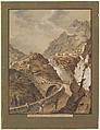 Devil's Bridge toward the Gothard Mountain in Switzerland, Franz Xaver Triner  Swiss, Brush and brown, gray and green watercolor and bodycolor. Framing line in black ink and an approximately 1.25 inch border of olive-green watercolor.