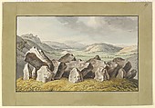 A Prehistoric Stone Circle on a Mound, an Extensive Landscape Beyond, Johann Heinrich Wilhelm Tischbein German, Black chalk or graphite, pen and brown ink, brush and brown wash, and watercolor; framing lines in pen and black ink