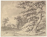 A  Forest Edge with Peasants and a Village in the Background; verso: Landscape Sketch, Pieter Barbiers II (Dutch, Amsterdam 1749–1842 Amsterdam), Black chalk, with brush and brownish-gray wash; framing line in black chalk, by the artist