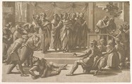 The death of Ananias, surrounded by Apostles, Ugo da Carpi  Italian, Chiaroscuro woodcut from three blocks in brown