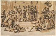 The death of Ananias, surrounded by Apostles, Ugo da Carpi  Italian, Chiaroscuro woodcut from three blocks in brown