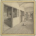 Interior of a Boarding School (?): Hallway with two Young Men and a Dog, with View into Bedroom, Victor Central European or French, Pen and black ink with gray wash, a yellow wash border framed in black ink is glued on the recto.