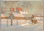 A Russian Church in Snow with a Man Riding a Sleigh, Sergei Lednev-Shchukin Russian, Gouache, watercolor, over black chalk