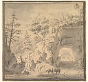 A Mountainous Landscape with Travellers on a Road, Jan van Aken (Dutch, 1614–?1661), Black chalk, pen and brown ink, with brush and gray wash; framing lines in black chalk and gray ink