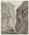 Figures Boating in a Gorge near Sorrento, Daniël Dupré Dutch, Pen and gray ink, brush and gray wash, over black chalk; framing lines in pen and black ink