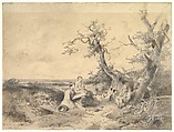 Landscape with an Artist Sketching, Mari ten Kate  Dutch, Graphite, brown wash.