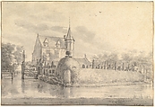 The Castle Meerdevoort, near Dordrecht, Roelant Roghman (Dutch, Amsterdam 1627–1692 Amsterdam), Black chalk, brush and gray wash; framing lines in pen and brown ink