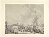Winter Landscape with Skaters and Sledges on the Ice, a Bridge and a Mill behind, Abraham van Strij Dutch, Black chalk, brush and gray wash; framing lines in pen and black ink