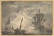 Marine, the Cannon Shot, Johannes Christiaan Schotel Dutch, Graphite, pen and brown ink, brush and gray wash