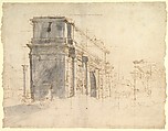 The Arch of Septimius Severus in the Roman Forum, with the Column of Phocas at the Left and the Temple of Saturn at the Right, Gaspar Adriaensz. van Wittel Dutch, Pen and brown ink, brush and gray wash; squared for transfer in pen and brown ink