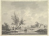 View of a Bridge in the Dutch Countryside with Figures, Nicolaas Wicart  Dutch, Brush and gray wash, over a sketch in black chalk