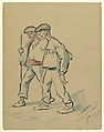 Two Old Men Dressed in Basque Costumes Walking, Jacques Ochs Belgian, Brush and black, blue and red watercolor.