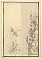Half Ground Plan and Half Elevation of a Catafalque, surmounted by a royal Crown, Giuseppe Galli Bibiena  Italian, Pen and brown ink, brush and gray and yellowish washes on statue