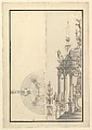 Half Elevation and Half Ground Plan for a Catafalque: Columns Supporting a Steeped Dome with two Obelisks Surmounted by Figure of Fame, Giuseppe Galli Bibiena Italian, Pen, brown ink and gray wash