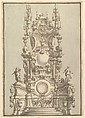 Elevation of a Catafalque, Surmounted by a Royal Crown, with Scull and Cross Bones in Wreath-Encircled Cartouche just below, Giuseppe Galli Bibiena  Italian, Pen, brown ink and gray wash