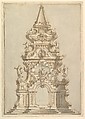 Elevation for a Catafalque Surmounted by Squat Obelisk, Decorated with Statues of Putti and Female Figures, Giuseppe Galli Bibiena  Italian, Pen, brown ink and gray wash