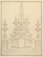 Elevation of a Catafalque: Two Pedestals with Candelabra at Sides; with Central Obelisk Surrounded by Candelabra.
Verso: Sketch of architecture: archway and corner with pillars., Workshop of Giuseppe Galli Bibiena (Italian, Parma 1696–1756 Berlin), Recto: Pen and brown ink; verso: black chalk