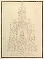 Elevation of a Catafalque: Obelisks at the Corners and One in Center, Giuseppe Galli Bibiena  Italian, Pen and brown ink, brush and brown wash