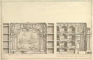 Elevation of Proscenium According to New Design and Lateral View of Boxes, Giuseppe Galli Bibiena  Italian, Pen, gray ink and wash with colorful garlands on boxes