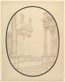 Architectural Perspective, in an Oval: Porch of a Palace with Corinthian Columns, Ferdinando Galli Bibiena Italian, Pen and brown ink over black chalk
