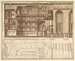 Designs for the Theater at Nancy: Longitudinal Section and Half Ground Plan, Assistant of Francesco Galli Bibiena (Italian, Bologna 1659–1739 Bologna), Pen and brown ink, brush and brown wash