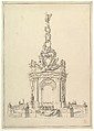 Design for a Festival Monument: Base Holds a Small Orchestra; Triumphal Arch Surmounted by a Cartouche-Decorated Pyramid with Figure of Fame, below, a Royal Crown, Anonymous, Italian, 18th century Italian, Pen, brown ink with gray wash