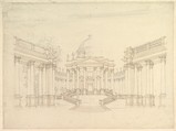 Design for Stage Set: Centralized Villa with Cupola ("Villa rotunda" Style) and Colonnaded Wings, Giuseppe Galli Bibiena  Italian, Pen, brown and gray ink over black chalk