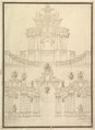 Designs for Components of Stage Sets: at Bottom: Spiral and Wreathed-Colonnaded Pavillion with Central Arch Surmounted by Military Trophy and Another Hanging Inside Arch; at Top: Centralized Pavillion Decorated by Pediment Surmounted by Fountain, Giuseppe Galli Bibiena  Italian, Pen, brown ink with black chalk