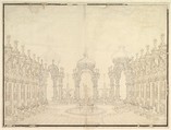 Designs for Stage Set: Three Pavillions in Background with "Oriental" (Ogival) Cupolas with Two Small Fountains between Them; in Foreground, a large Fountain with Dolphins Surmounted by Neptune, Giuseppe Galli Bibiena  Italian, Pen, brown and gray ink over black chalk