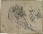 Crawling Male Figure (Study for Cacus), Annibale Carracci Italian, Charcoal or soft black chalk, highlighted with traces of white chalk, on blue-gray paper faded light brown