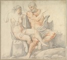 Hercules and Omphale, Annibale Carracci  Italian, Red and black chalk; outlines partly pricked for transfer; framing outlines in black chalk