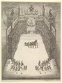 Theater at Modena, seen from above and filled with spectators, with a triumphal car at center and horses in formation at lower left and right, from 'La Gara delle Stagioni', Stefano della Bella Italian, Etching