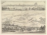 Plan and view of the siege of Arras: lower part of the plate with a topographical view with troops in the foreground descending a hill, upper part of the plate with a view of the town, Stefano della Bella Italian, Etching; second state of two