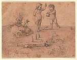 Two Children Playing with a Ball, Peter Flötner (German, Thurgau 1485–1546 Nuremberg), Pen and brown ink, brush and brown wash, heightened with white bodycolor
