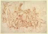 Pastoral Journey with Flocks and Herds at a Stream, Giovanni Benedetto Castiglione (Il Grechetto) (Italian, Genoa 1609–1664 Mantua), Brush with red and brown oil paint