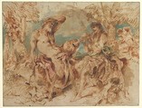 Youth Playing a Pipe for a Satyr, Giovanni Benedetto Castiglione (Il Grechetto) Italian, Brush with colored oil paint; paper partly saturated with oil; lined