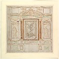 Architectural Design for a Monumental Altar, with a Composition with Saint Michael Against Satan and two Saints (Saints Peter and Paul?), Anonymous , Roman (?), XVII Century, Pen and brown ink, over black chalk, brush with green, purple, yellow, and brown washes, ruler incisions.