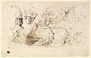 Sheet of Studies, Including for Reineke Fuchs; verso: Studies of Soldiers and of a Battle in a Wood, Wilhelm von Kaulbach (German, Arolsen 1804–1874 Munich), Pen and brown ink; verso: pen and brown ink