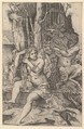 Pan spying of  the nymph Syrinx who is seated on a rock, combing her hair, Marco Dente  Italian, Engraving with Pan's erect penis inexpertly scratched off surface of print
