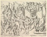 Roman Soldiers Fortifying their Camp, from Trajan's Column, from "Speculum Romanae Magnificentiae", Marco Dente Italian, Engraving