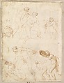 Studies for Apollo and Daphne, Zeus and Juno, Orpheus and Eurydice and other figures (recto and verso), Giovanni Ambrogio Figino (Italian, Milan 1548–1608 Milan), Pen and brown, red chalk